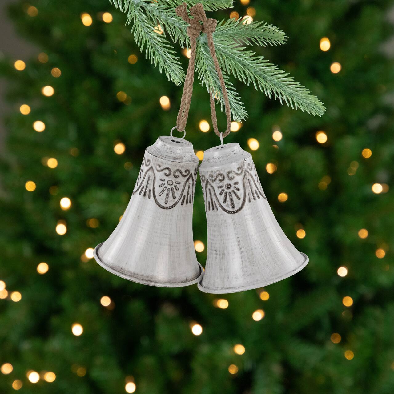 Embossed Bells Christmas Ornaments - 6" - Gray and White - Set of 2
